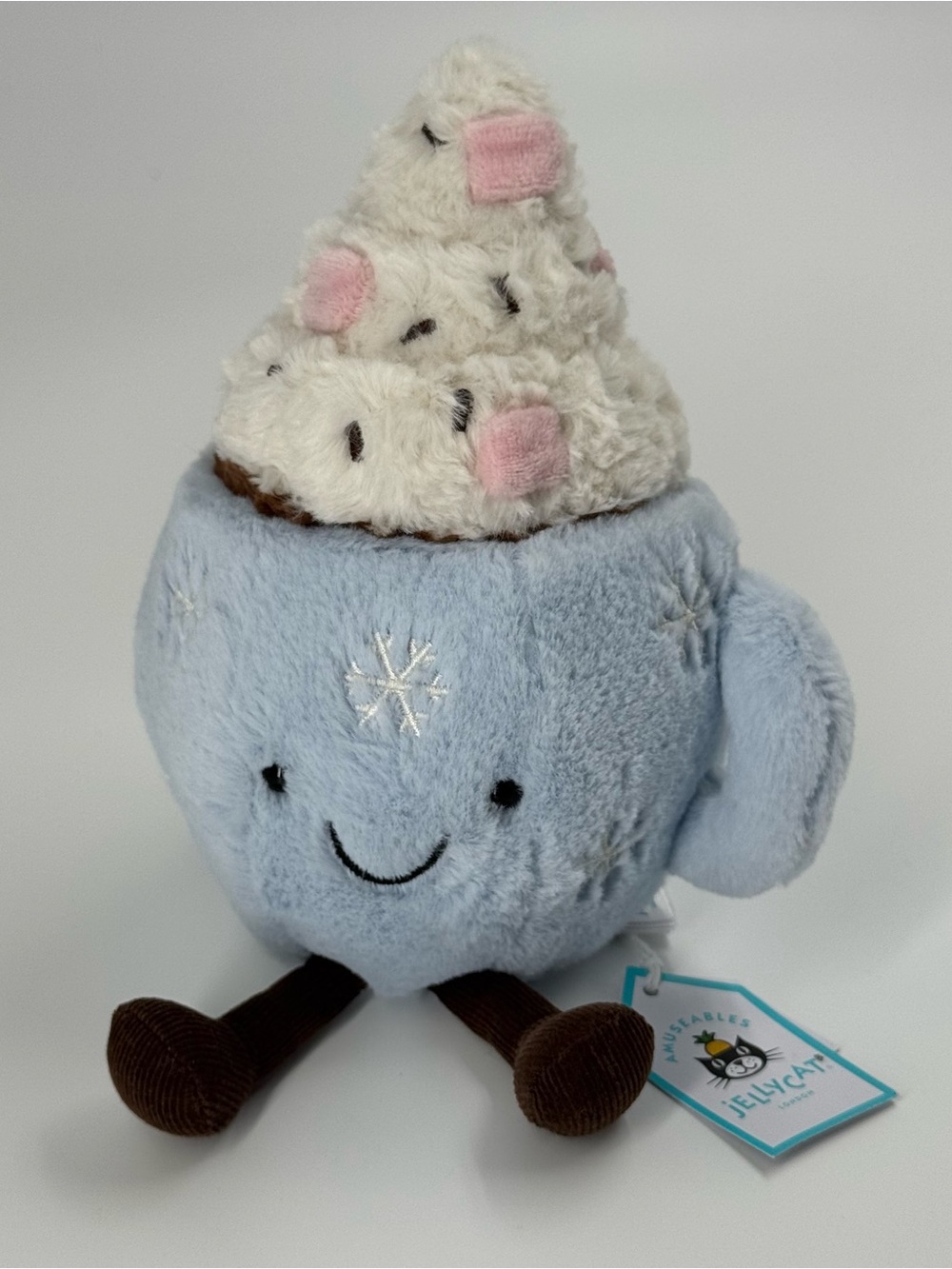 Jellycat Pale Blue Snowy Cocoa Plush with Cream Whip and Pink Marshmallows